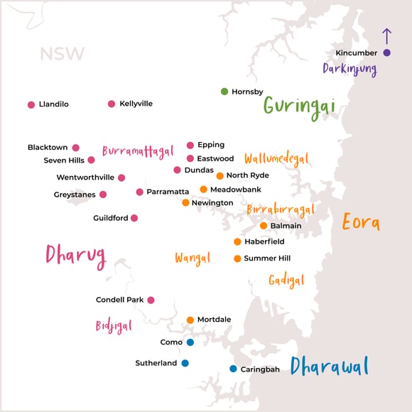Map showing Traditional Custodian areas across Sydney and surrounding regions