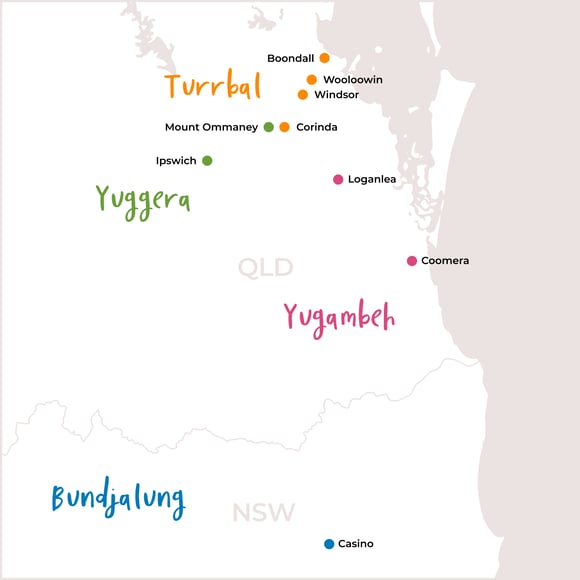 Map showing Traditional Custodian areas across Queensland and northern New South Wales