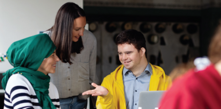 Communicating by talking and laptop